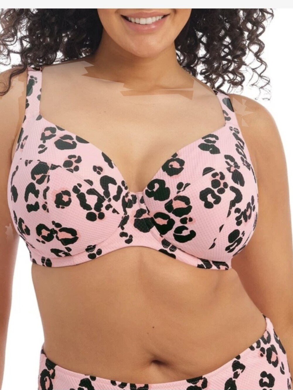 Elomi Pink Leopard Underwire Plunge Bikini Top US 36i